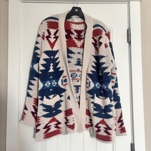 Love Riche Geometric Open Cardigan - Red, Blue, Cream